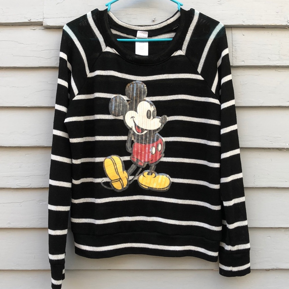 Disney Black and White Striped Sweater Mickey Mouse with Sequins Size Large